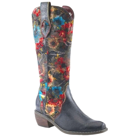Lartiste Shoes - Rodeoqueen Leather Floral Print Velvet Studded Tall Western Boots ..Sz.37(6.5-7)
